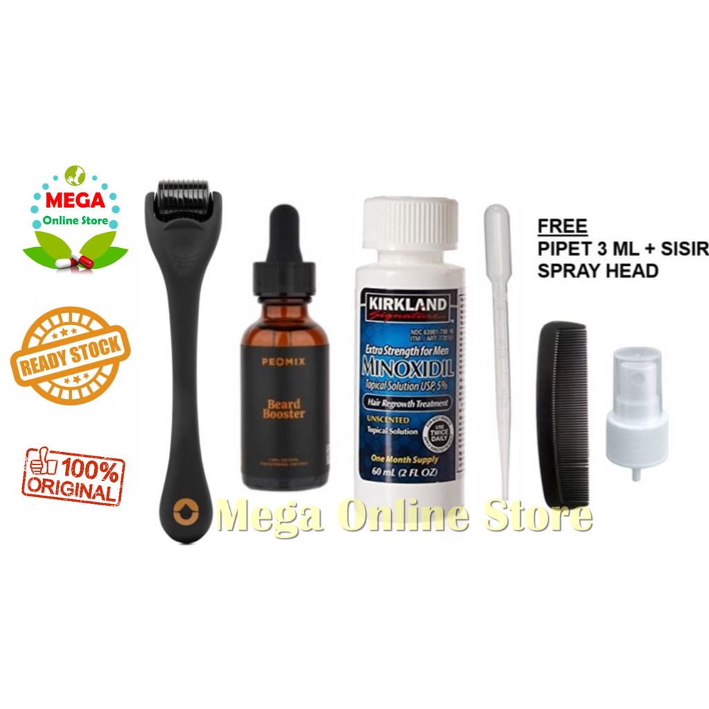 Paket Kirkland Minoxidil 60 ml + Peomix Beard Booster + Dermaroller