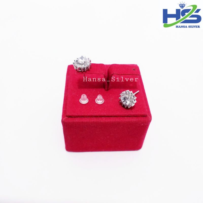 Anting Tusuk Perak Asli Silver 925 Lapis Emas Putih Model Giwang Bulat Bunga - Anting Wanita Anti Karat