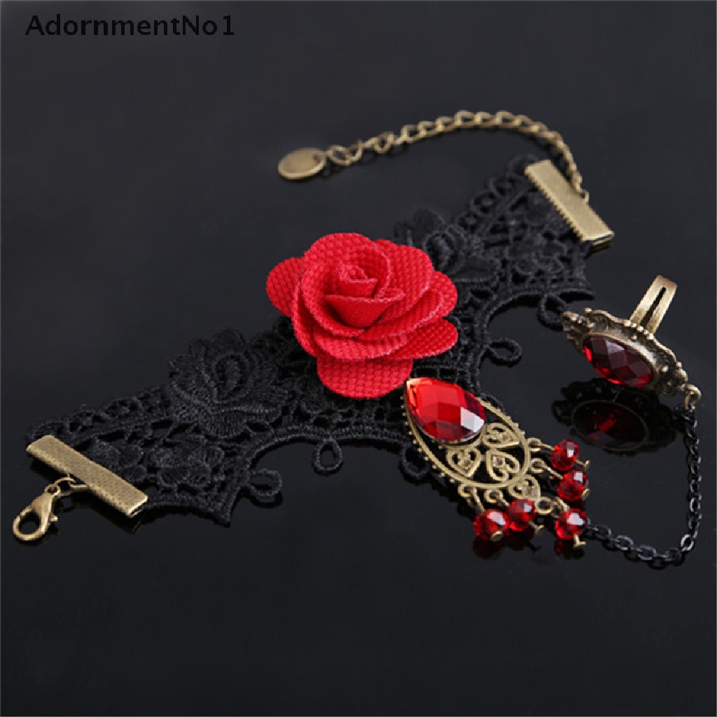 (AdornmentNo1) Gelang Tangan Lace + Cincin Adjustable Motif Bunga Mawar Merah Gaya Gothic Untuk Wanita