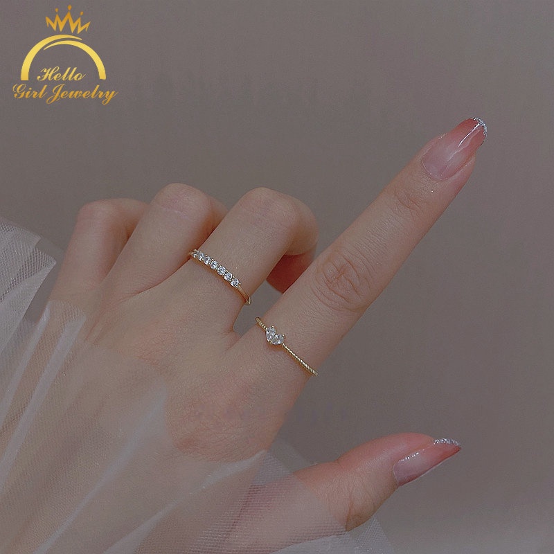 2pcs / Set Cincin Adjustable Desain Hati Hias Kristal Zircon Gaya Korea Untuk Wanita