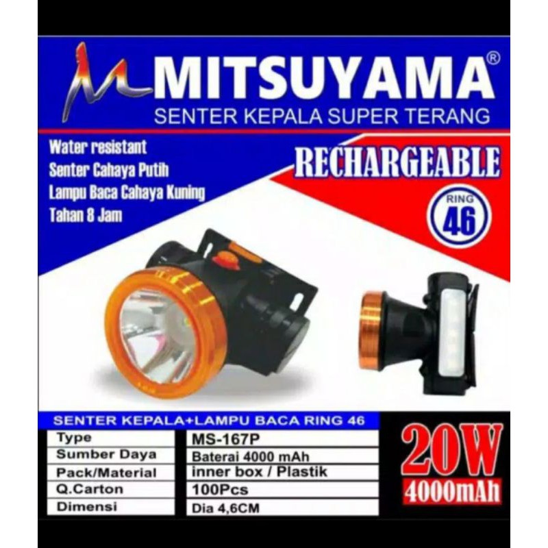 Senter Kepala Cas 20 Watt Plus LED ( 2 Mode ) 4000mAh 8Jam Mitsuyama MS-167p