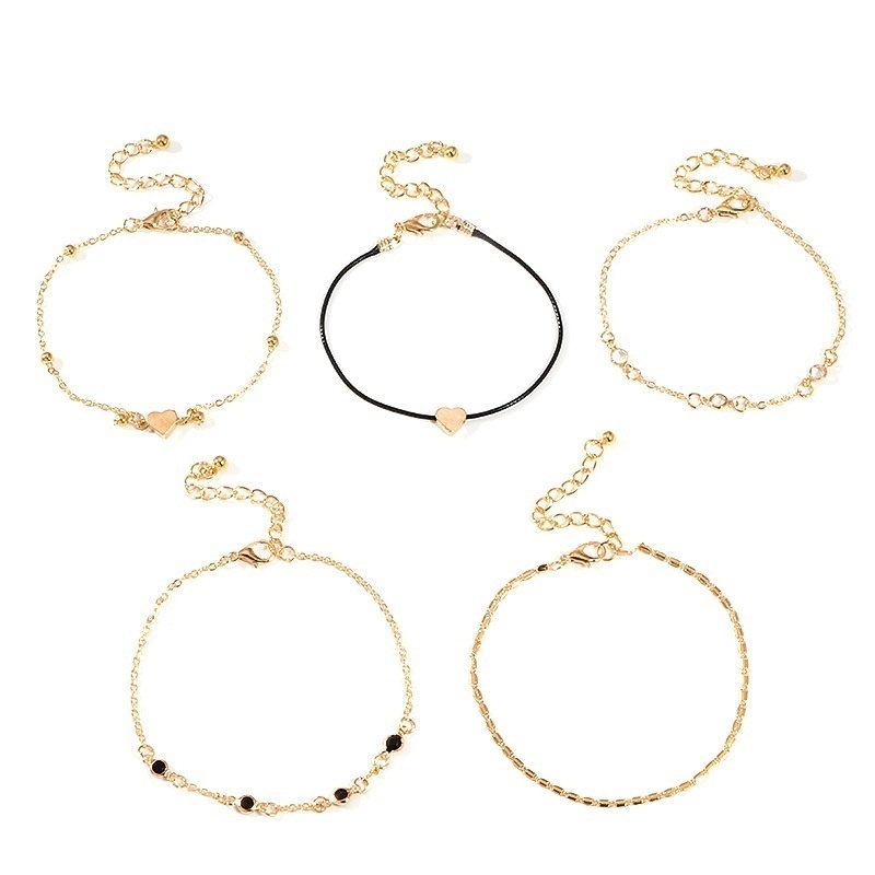 5pcs / Set Gelang Kaki Multilayer Desain Hati Warna Emas Untuk Wanita