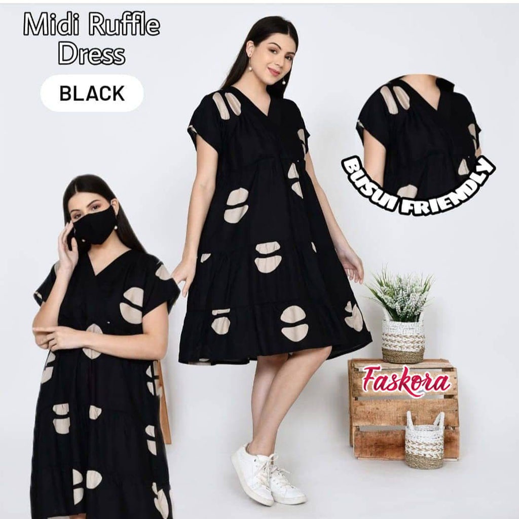 Dress Ruffle Wanita Dewasa Rayon Midi Busui Friendly Motif Kopi