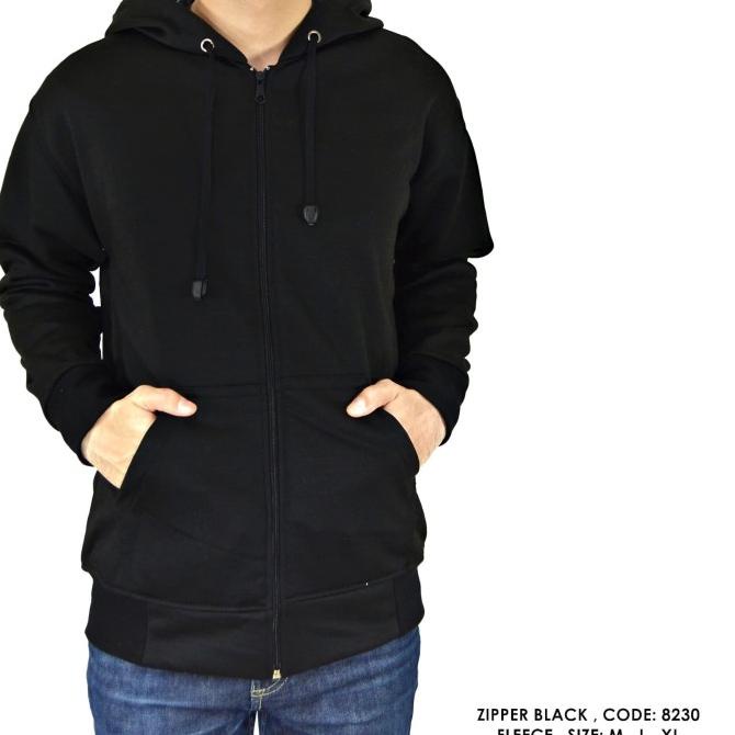 Jaket Sweater Hoodie Zipper Resleting Hitam Polos Cowok Pria