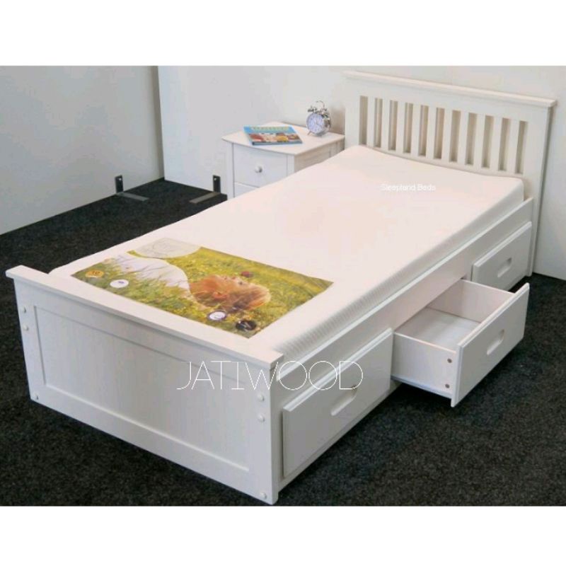 Dipan minimalis laci duco putih 120x200, ranjang tempat tidur sorong kayu