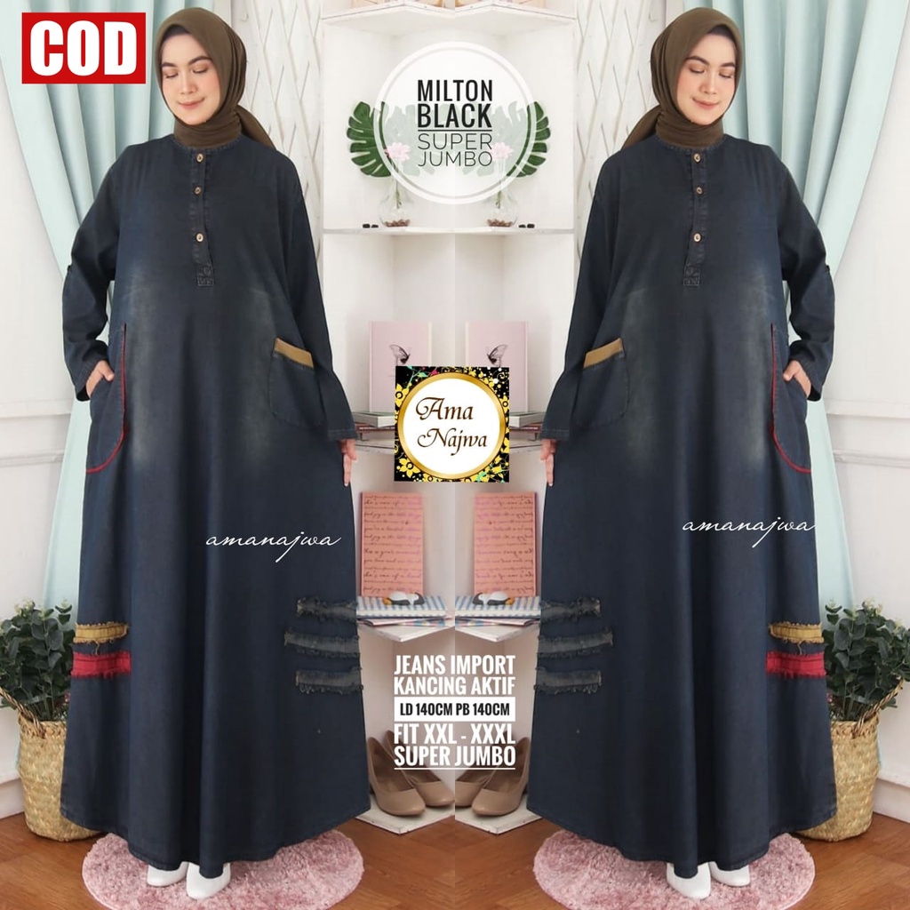 MILTON MAXY Gamis Jeans Import Wanita Jumbo / Gamis Jeans Busui Kekinian / Gamis Jeans Jumbo LD 140