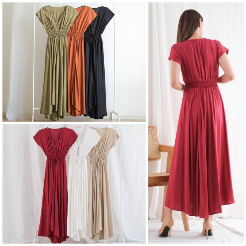 ⚡️CLEARANCE SALE ♡ PREMIUM ♡ ORIGINAL ! YULISA VINTAGE V-NECK BUTTON ASYMMETRIC RAMPLE MAXI DRESS ( BUSUI FRIENDLY )