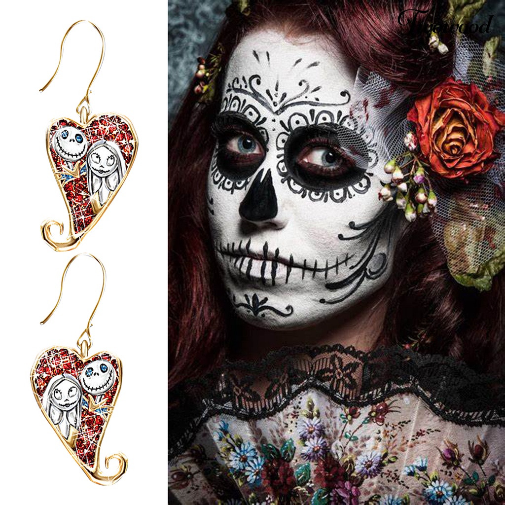 1 Pasang Anting Kait Bentuk Hati Motif Hantu Bahan Alloy Aksen Berlian Imitasi Untuk Pesta Halloween