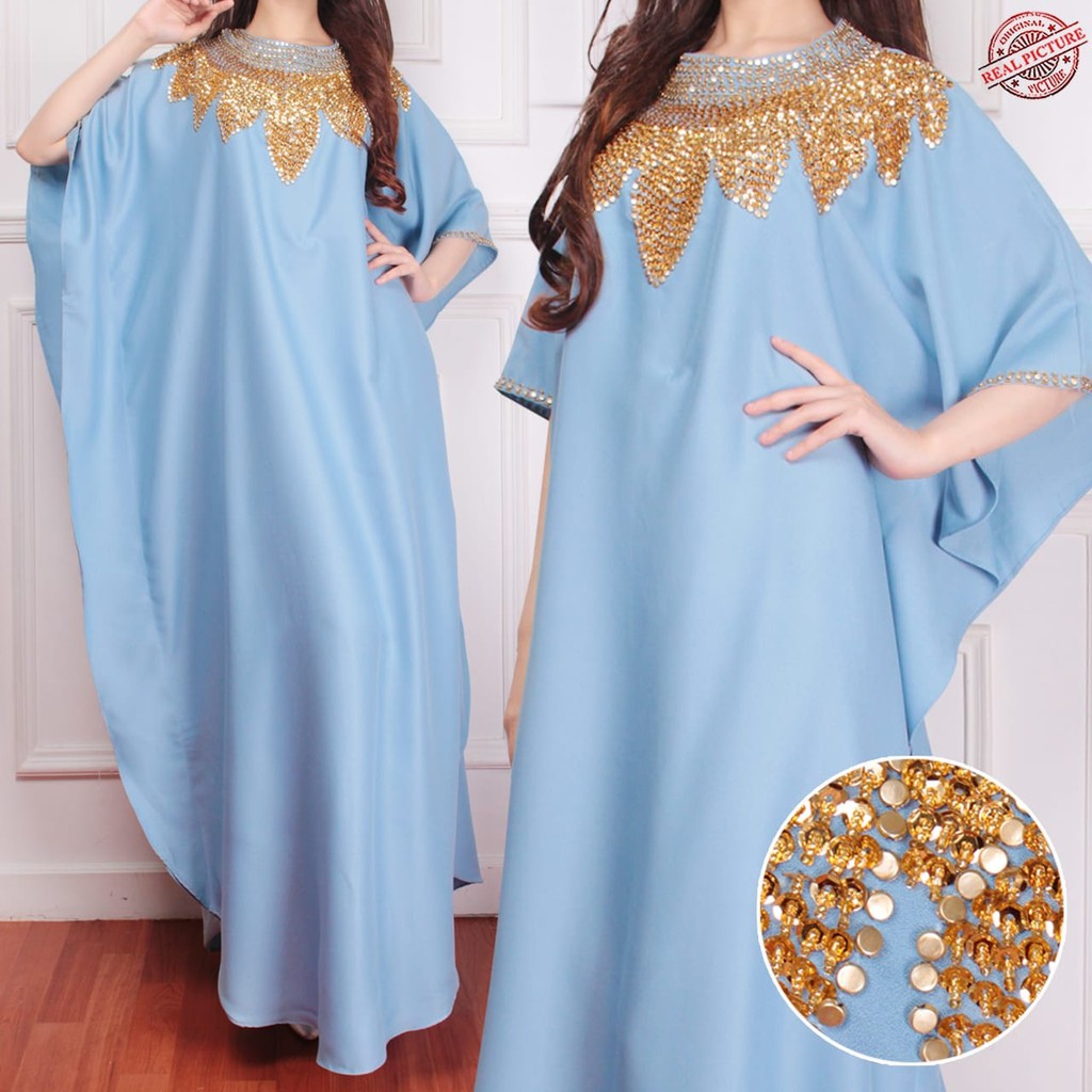 HOPYLOVY - Dress Wanita Model Kaftan Kombinasi Manik Matahari bahan Wollcrepe