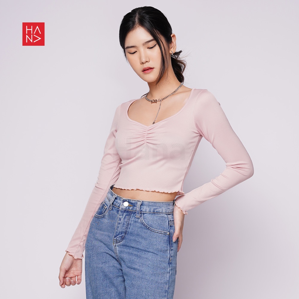 Hana Fashion - Mirae Knit Long Sleeve Crop Top Blouse Wanita - CT272