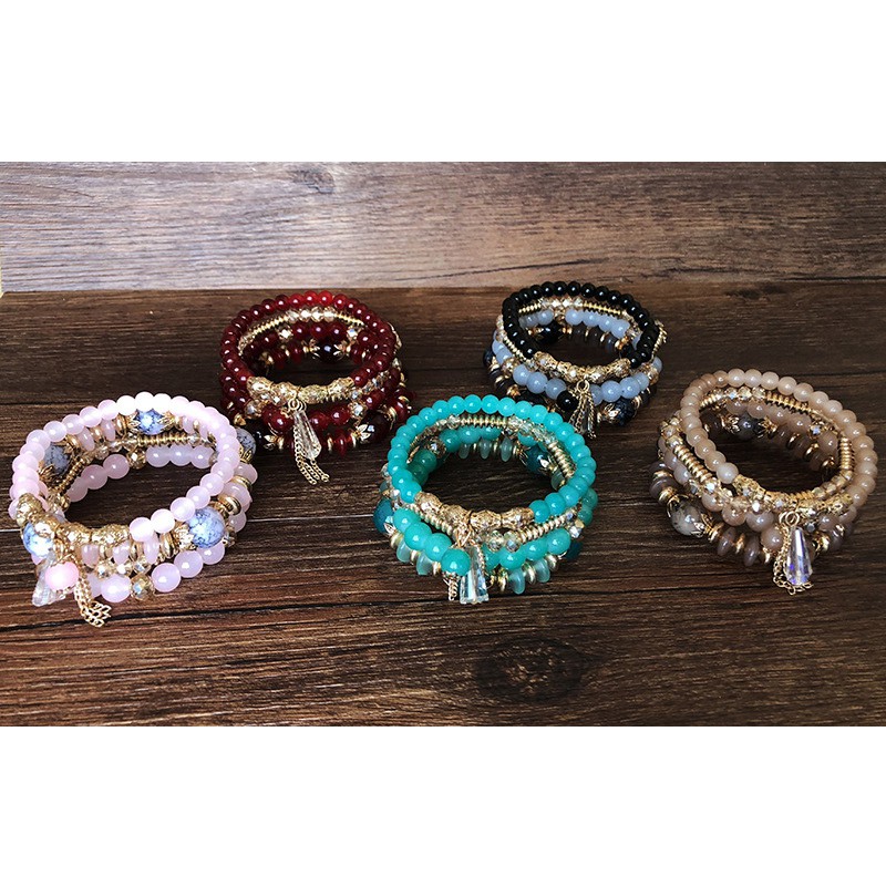 4pcs Gelang Manik-Manik Kristal Multilayer Gaya Bohemian