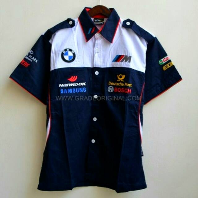 Baju Kemeja Bordir Automotif BMW Navy Biru Dongker Kombinasi Putih