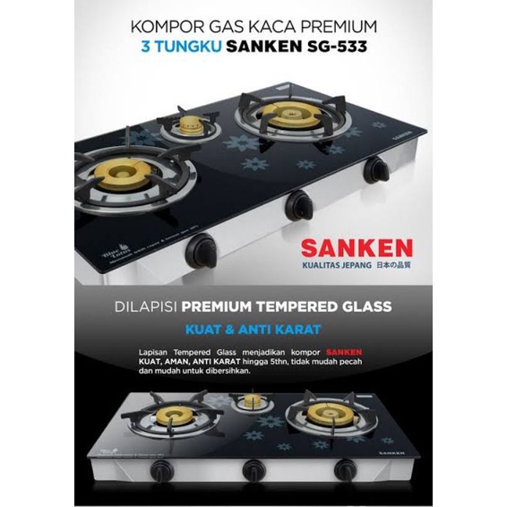 Sanken Kompor Gas Kaca 3 Tungku Tempered Glass SG-533FS