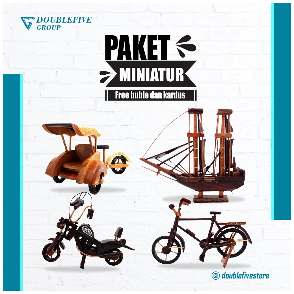 Miniature Paket C isi 4pcs - Miniatur dari kayu [Becak,Sepeda, Harley,Kapal Pinisi]