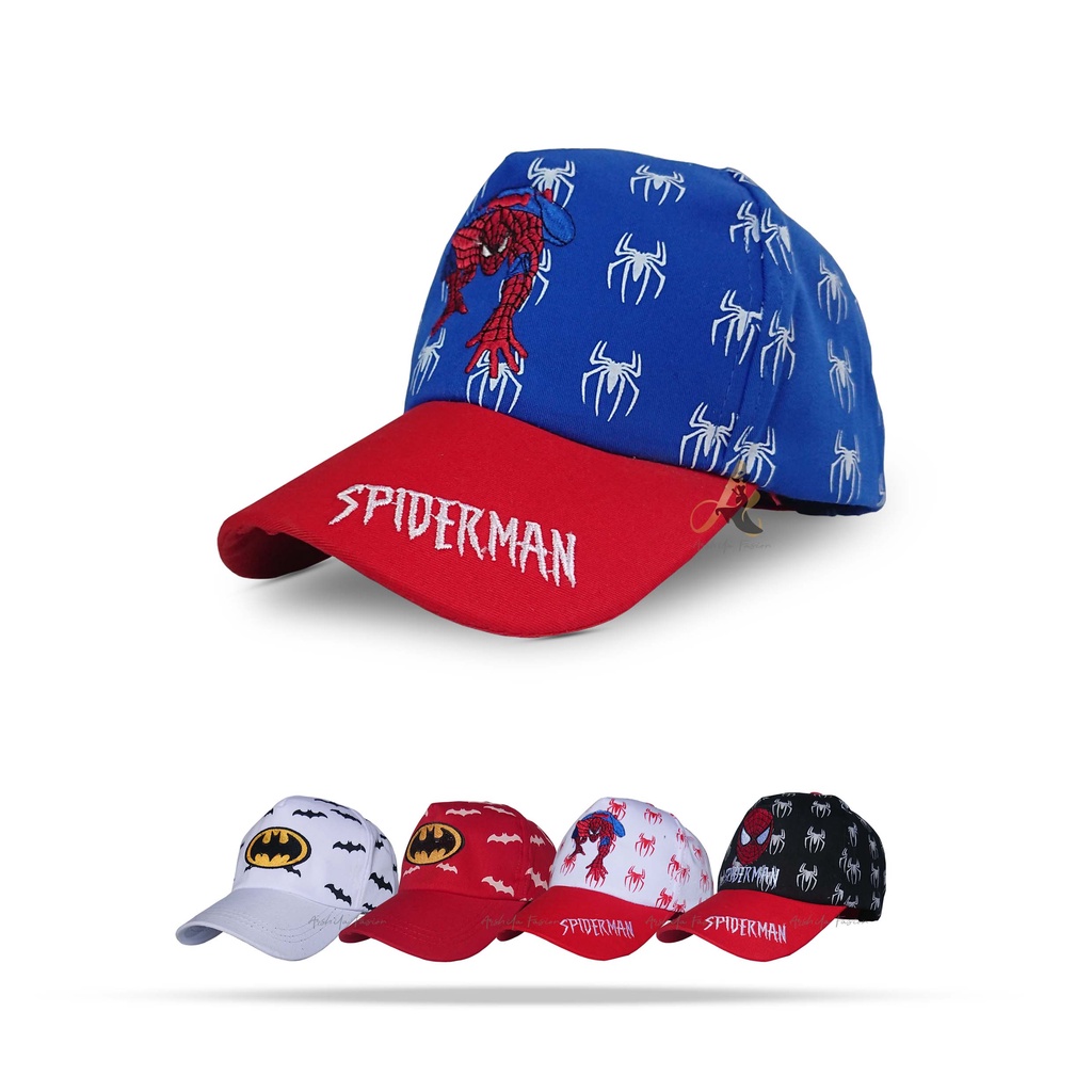 Topi Anak Kombinasi Bordir Dan Sablon Super Hero 003 / Topi Anak Hero-Spiderman Biru-merah