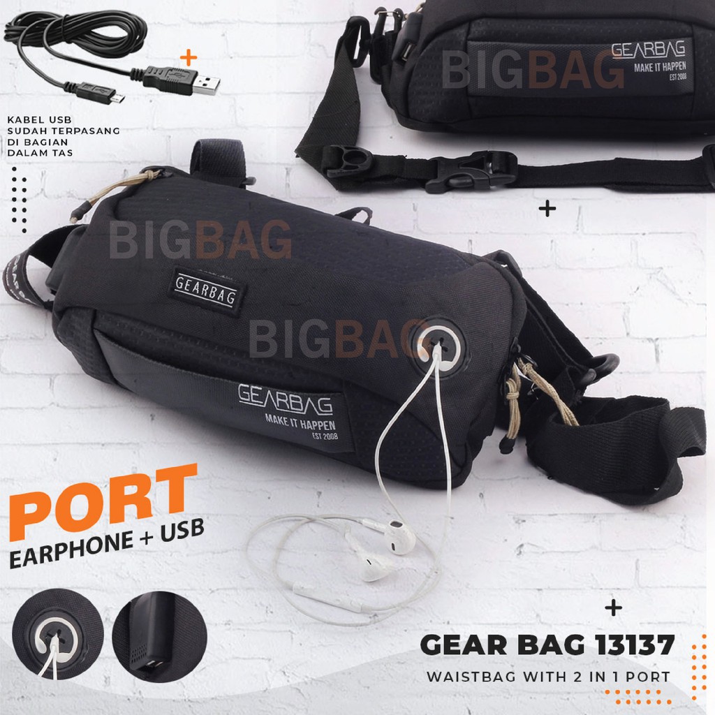 2 IN 1 PORT - Gear Bag HAGO Port 13137 - WITH EARPHONE HOLE + USB  Waistbag Selempang Pria