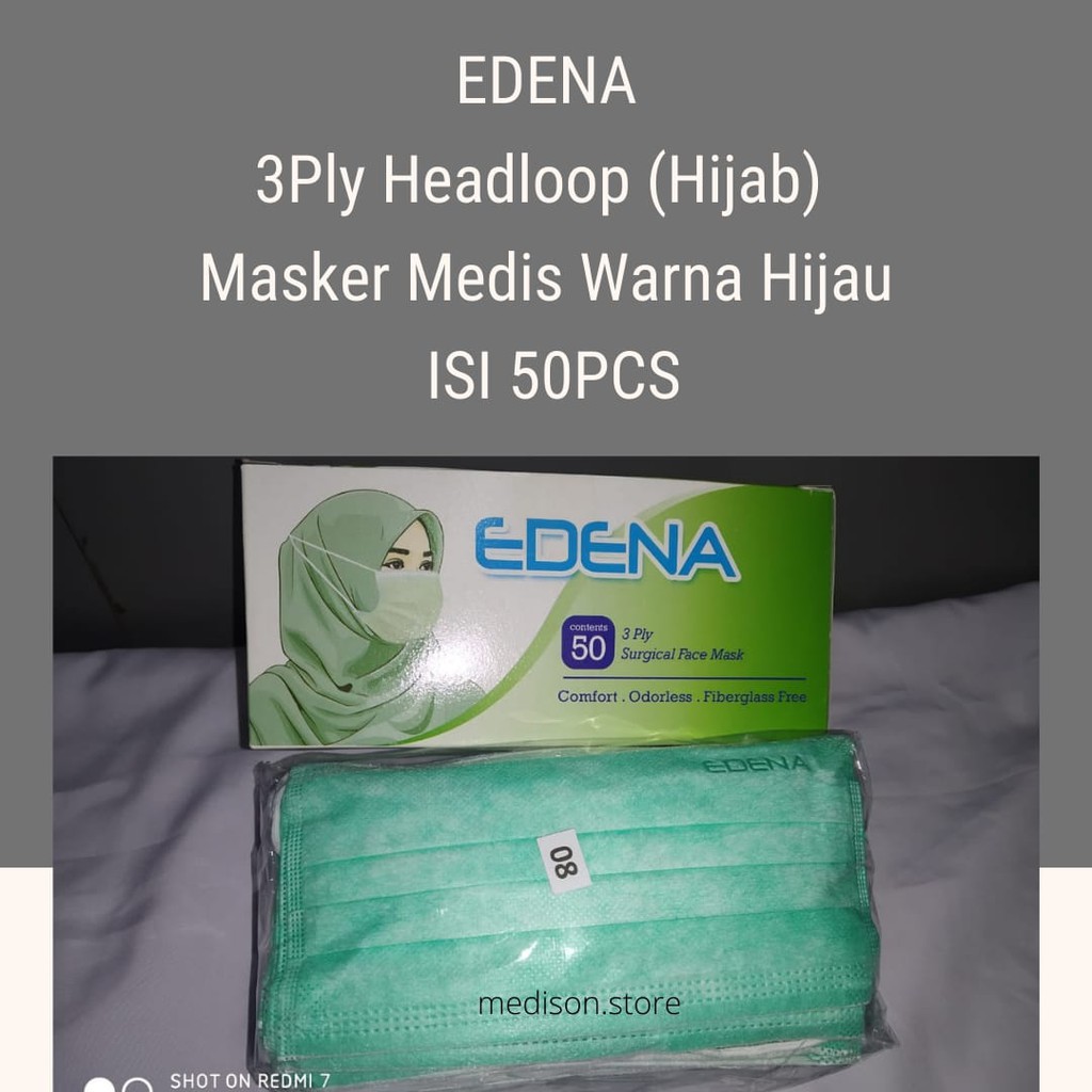 Masker Medis Hijab 3Ply / Masker Hijab 3Ply Edena / Masker Hijab Warna Hijau