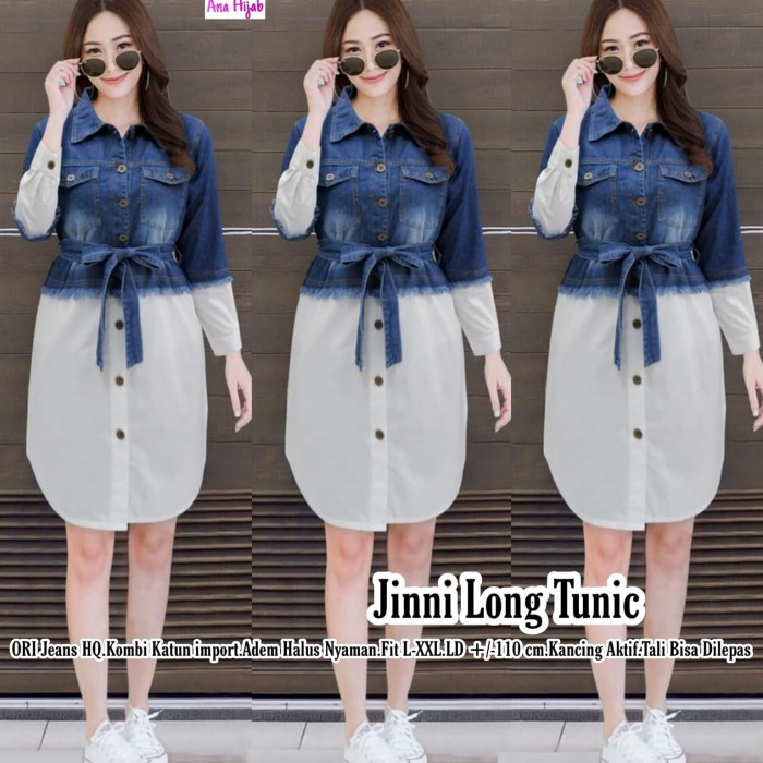 Baju Tunik Terbaru Bahan Jeans Bordir Kancing Timbul Belt Ratuliu - Jinni