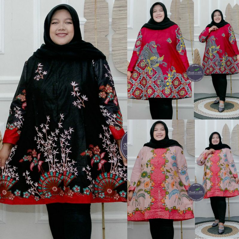 TUNIK ATASAN JUMBO WANITA BIGSIZE SUPER BESAR BAJU KANTORAN TUNIC MUSLIMAH BUSUI RISLETING DEPAN DAN BELAKANG SIZE M L XL XXL XXXL 3L XXXXL 4L 5L 6L LD 120 130 140 150CM SERAGAM KANTORAN MOTIF BATIK KIPAS KENARI ENCIM NDOG GEMEK ALDEBARAN KATE IJO SOGAN