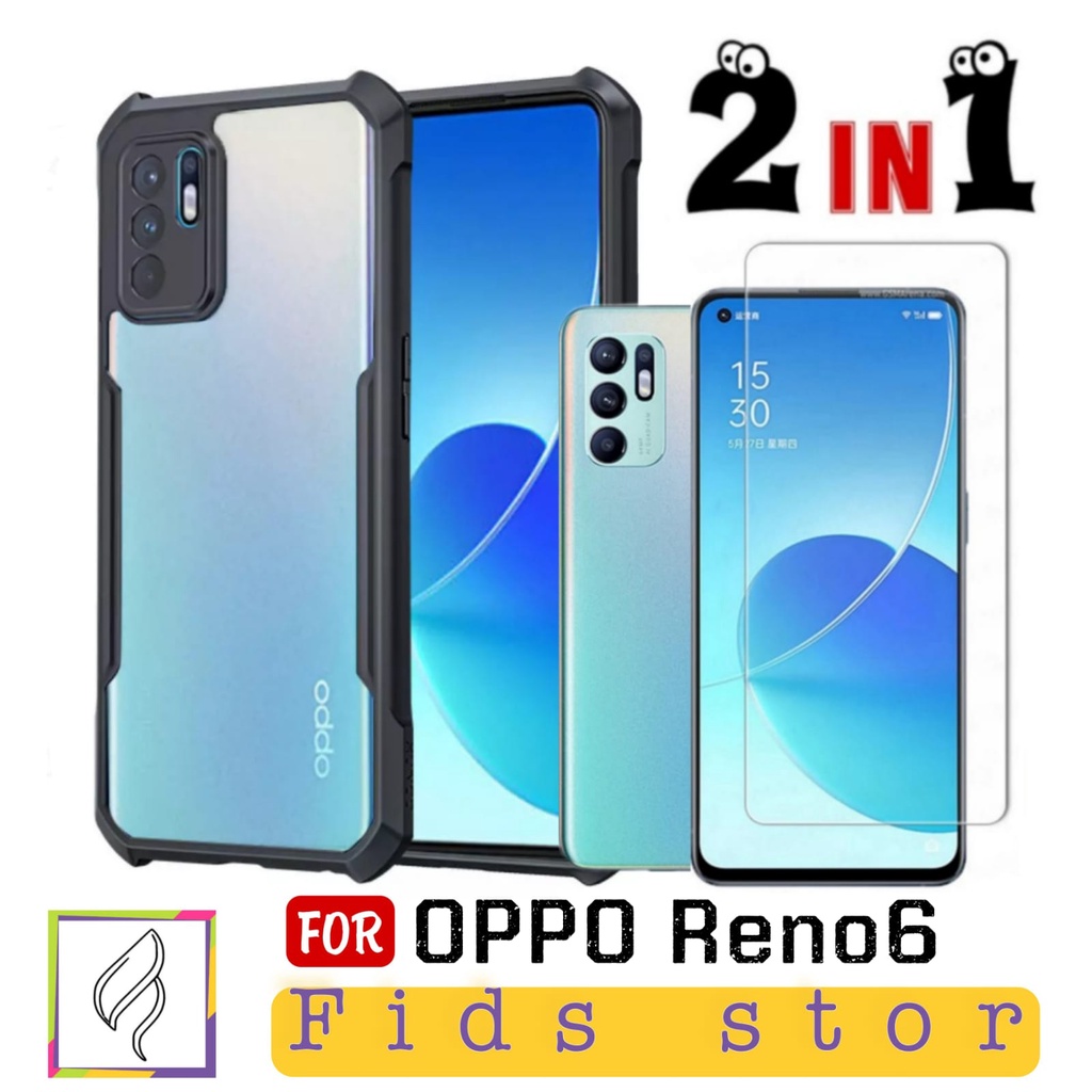 PROMO 2in1 CASE OPPO Reno6 4G Case ShockProof Transparan Free Tempered Glass Full Cover Black Reno 6