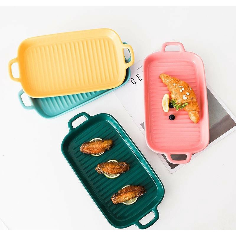 Piring Nampan Saji Keramik Nordic Rectangle Ceramic Dinner Plate Binaural