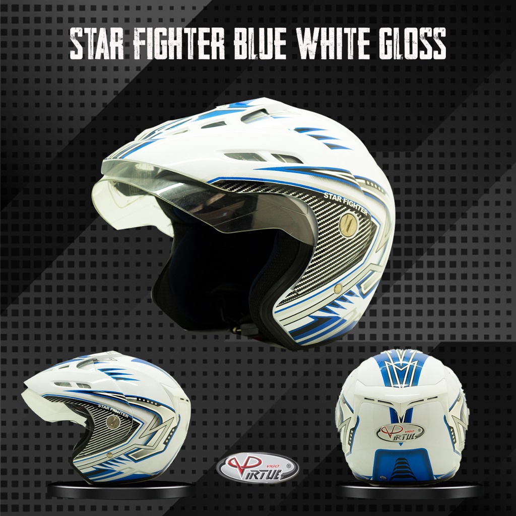 VIRTUE Helm Motor SNI Half Face Star Fighter Blue White Gloss