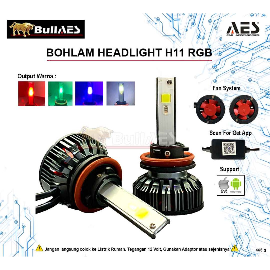 Lampu LED Headlamp H11 RGB IOS ANDROID 2 in 1 Headlight Merk BULLAES