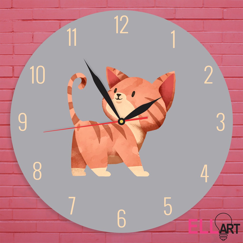 Jam Dinding Kayu Orange Cat Unik Dekorasi Kamar Tidur Kucing Oren Vintage Lucu