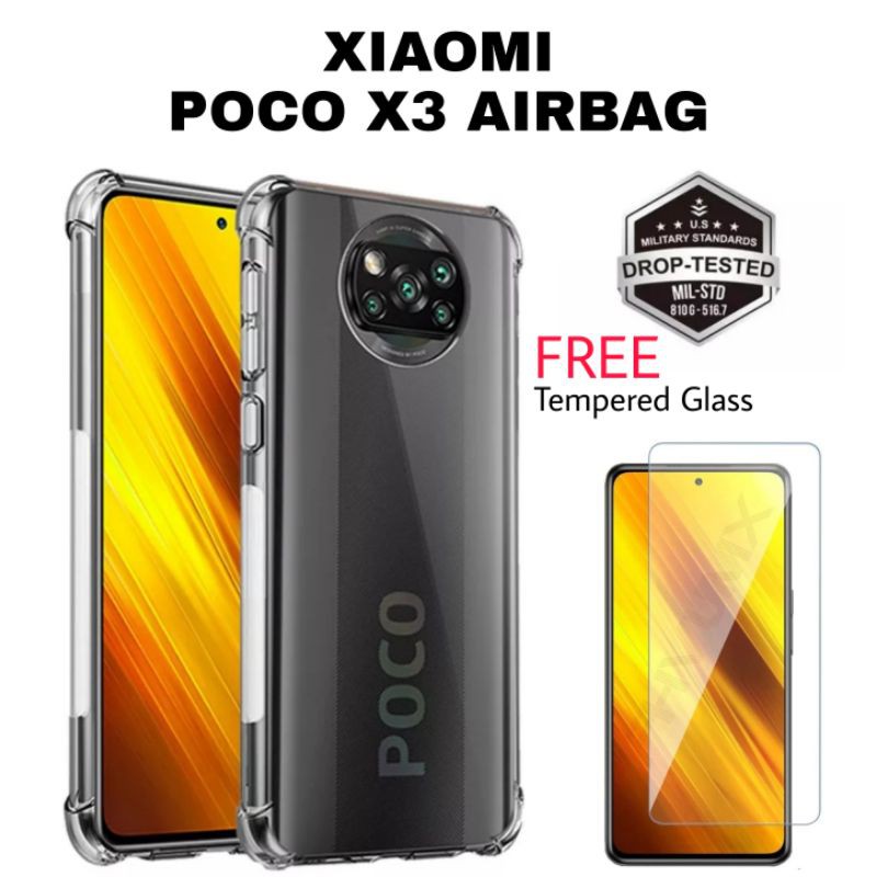 Soft Case Poco X3 NFC Airbag Clear anti shockproof Free Tempered Glass