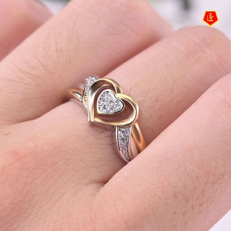 [Ready Stock]Silver Heart-Shaped Diamond Two-Tone Ring Fashion Luxury 18K Gold