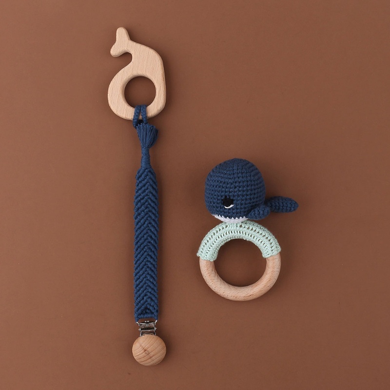 Mary 1 Set Mainan Teether Bayi Newborn Bentuk Lumba-Lumba Bahan Katun Rajut + Klip Holder Dot