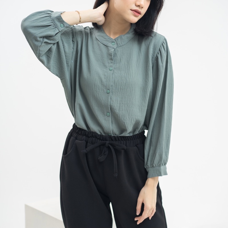 MSMO River Blouse Oneck Longsleeve / Blouse Wanita / Kemeja Kantor / Kemeja Crinkle / Kemeja Lengan Panjang-3