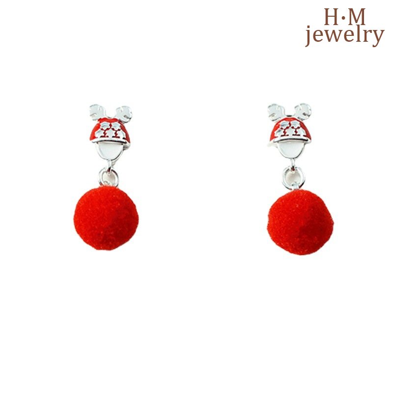 Anting Tusuk Sterling Silver 925 Model Santa Claus / Rusa Natal Dengan Bola Bulu Mink Untuk Wanita