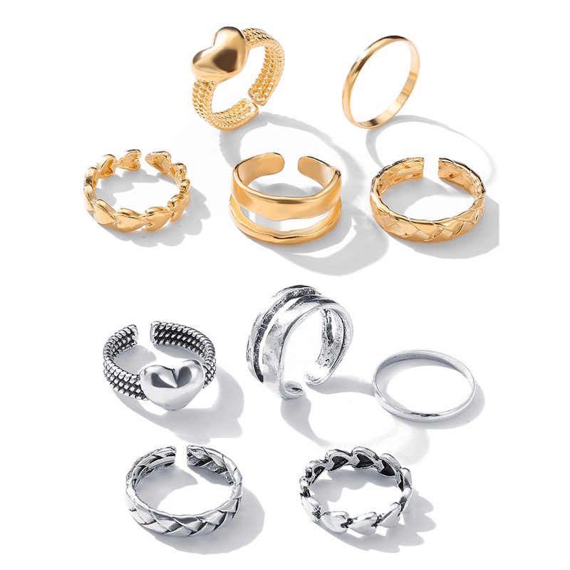 Fancyqube 5pcs / Set Cincin Buku Jari Model Terbuka Bentuk Hati Geometris Warna Emas Perak Gaya Punk Vintage Untuk Pria Dan Wanita