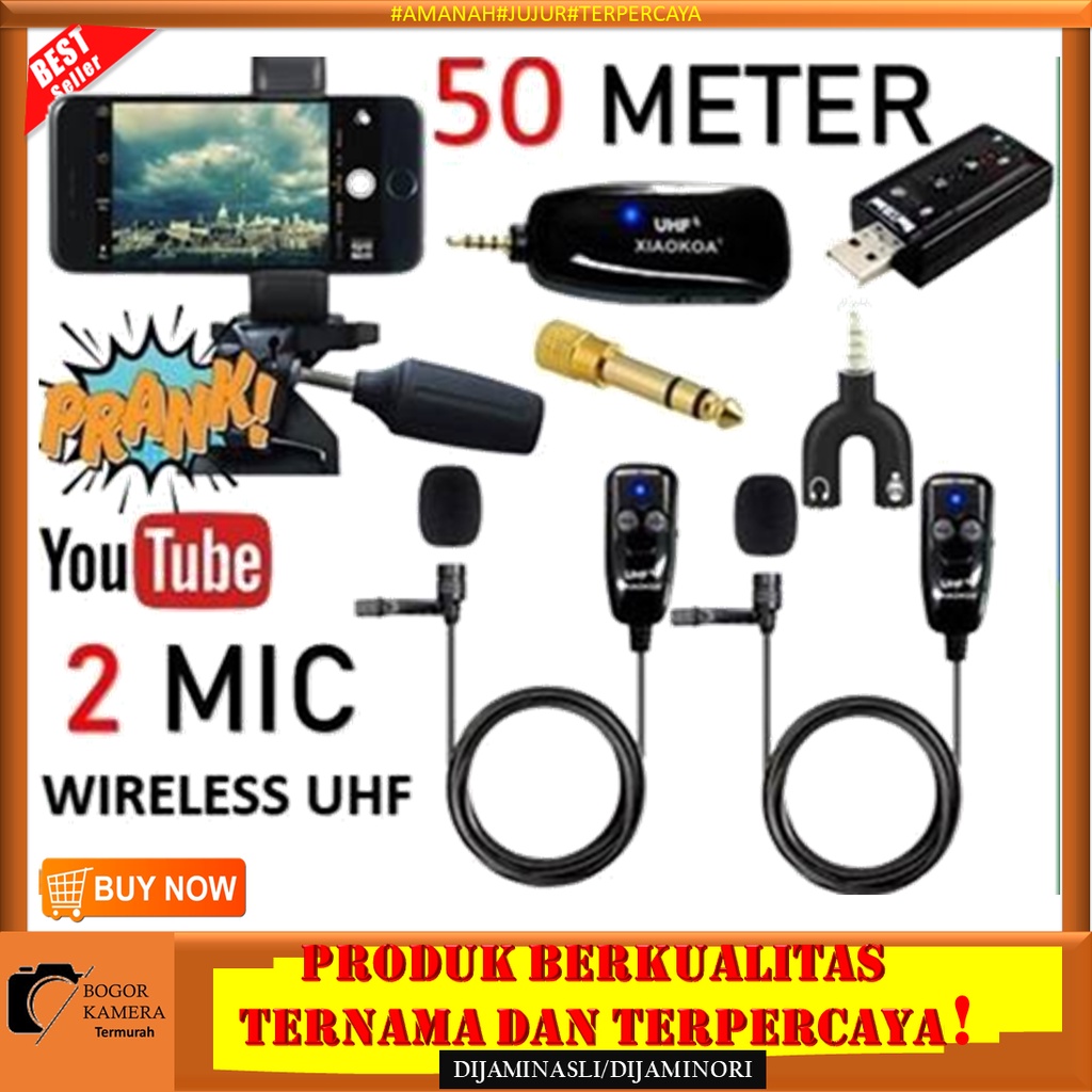 Microphone Mic Clip On Wireless Dual UHF 40 - 45 Meter Smartphone HP