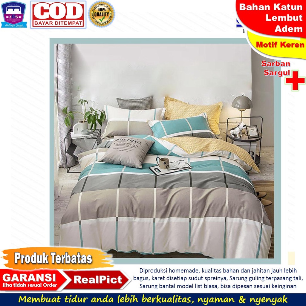 Sprei motif kotak Maestro Grey Abu Tosca bahan katun lokal original seprai homemade terbaru