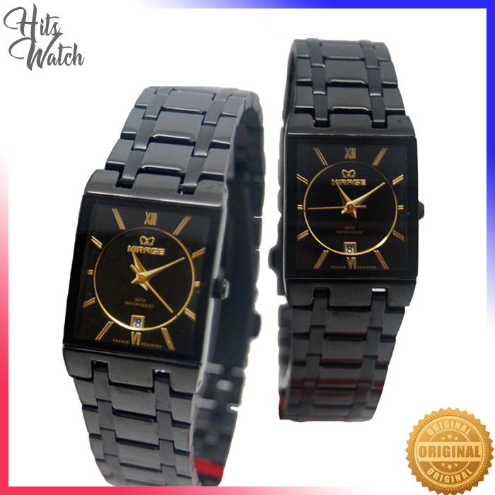 Premium (RRW) [Original] Mirage Square - Jam Tangan Pria & Wanita (Couple) Frame Kotak Full Black