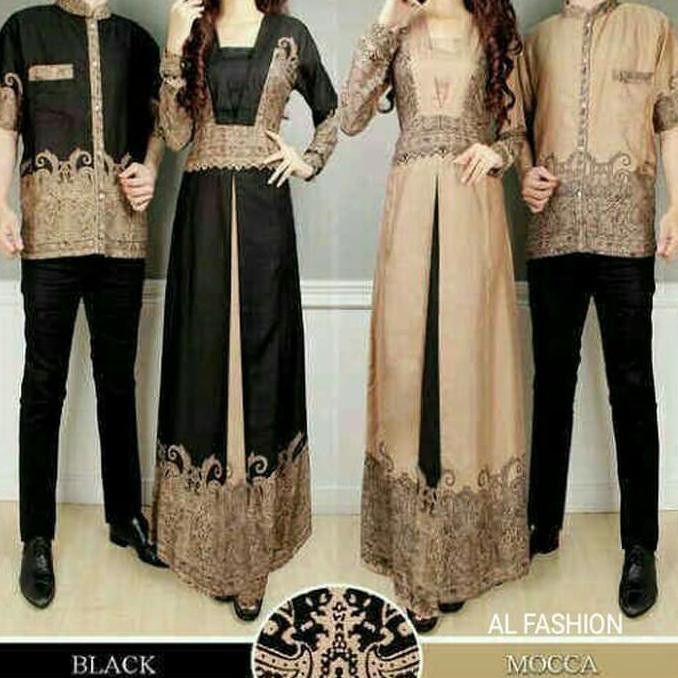 BARANG MURAH BAJU PASANGAN GAMIS COUPLE MUSLIM KATUN PRINT CEWEK MAXI COWOK KEMEJA - HITAM KEBURU