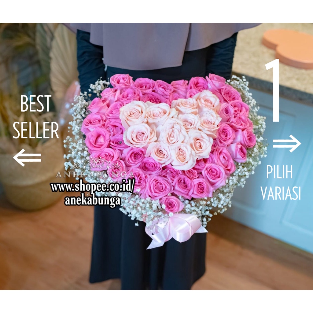 Fresh Flower Heart Box Bunga Mawar Pink Segar Asli Hidup Kotak Hitam Love Bulat Merah Muda Rose Wedd