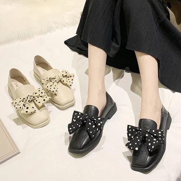 RYS - Dot Bowknot Sepatu Loafers Wanita Fashion Casual - Ori Import