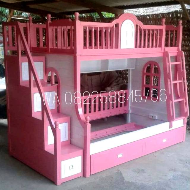 Tempat Tidur Dipan Tingkat Untuk Buat Anak Anak Bahan Kayu Jati, Bunkbed Imut Lucu