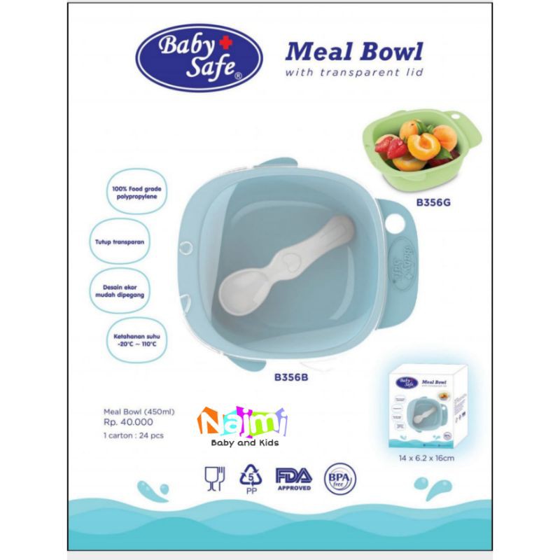 B356 Baby Safe Meal Bowl with transparant lid + spoon / Babysafe Mangkok Bayi B356B B356G