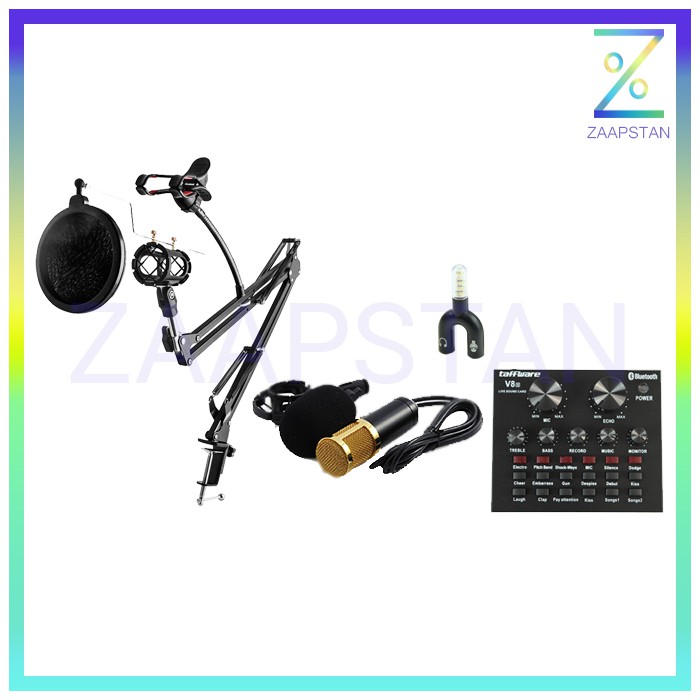 Paket Karaoke Recording Smule Microphone BM 800 Mic Stand Arm Pop Filter Phone Holder V8 Soundcard