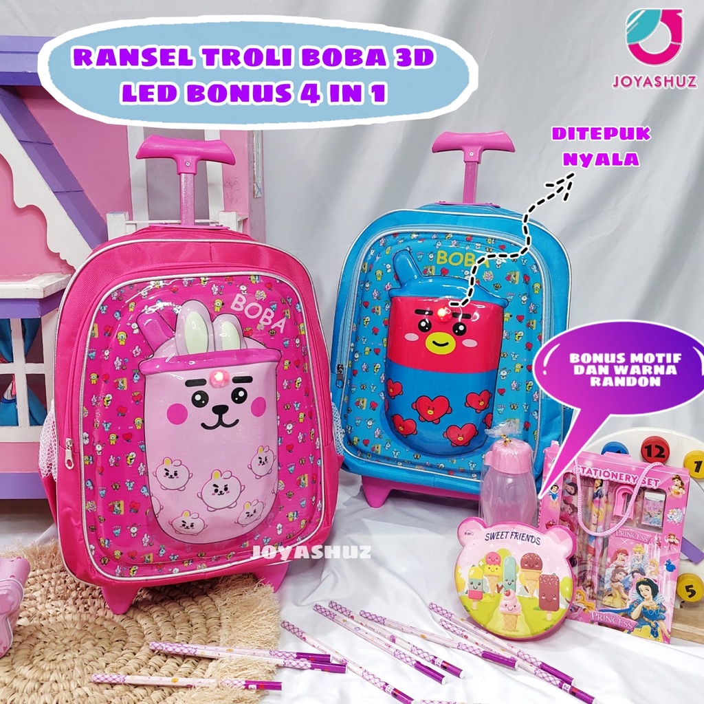 Tas Troli Boba Berbonus - Ransel Troli Boba Anak SD - Tas Troli Sekolah Anak SD  Karakter - Boba Gemes  - Tas Troli Anak Perempuan SD Gratis Botol Dan Misting - Tas Troli Sekolah Anak Perempuan Karakter Lucu - Joyashuz