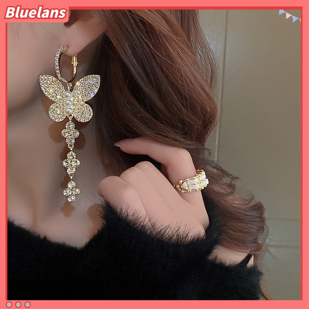 1 Pasang Anting Kait Gantung Mutiara Berlian Imitasi Bentuk Kupu-Kupu Untuk Wanita