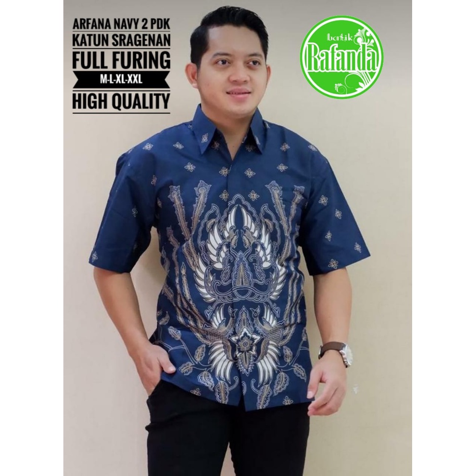 ARFANA NAVY 2 Atasan Kemeja Batik Pria Lapis Furing PREMIUM Lengan Pendek Batik Rafanda Solo