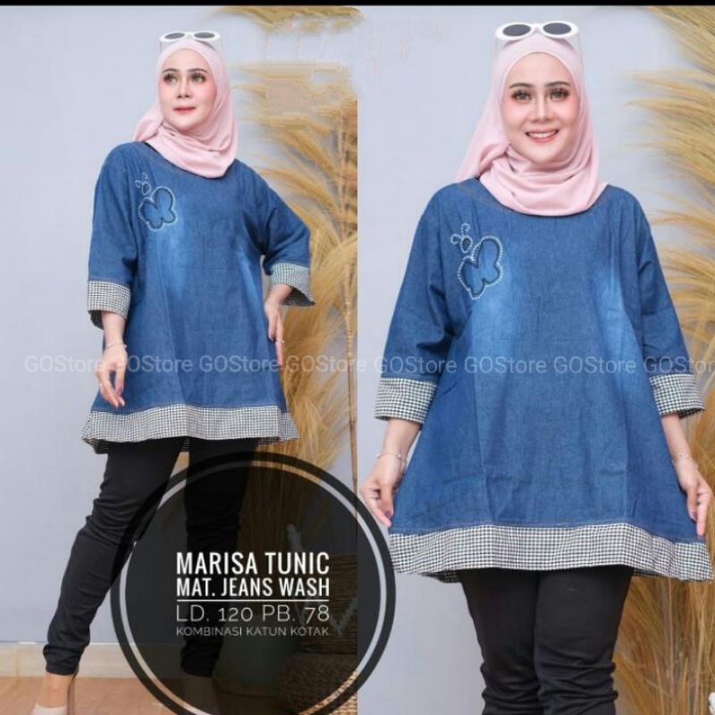 BUTTERFLY TUNIK - MARISA TUNIK | Tunik Jeans Wanita Mix Katun LD120 | Tunik Jumbo Wanita Kekinian