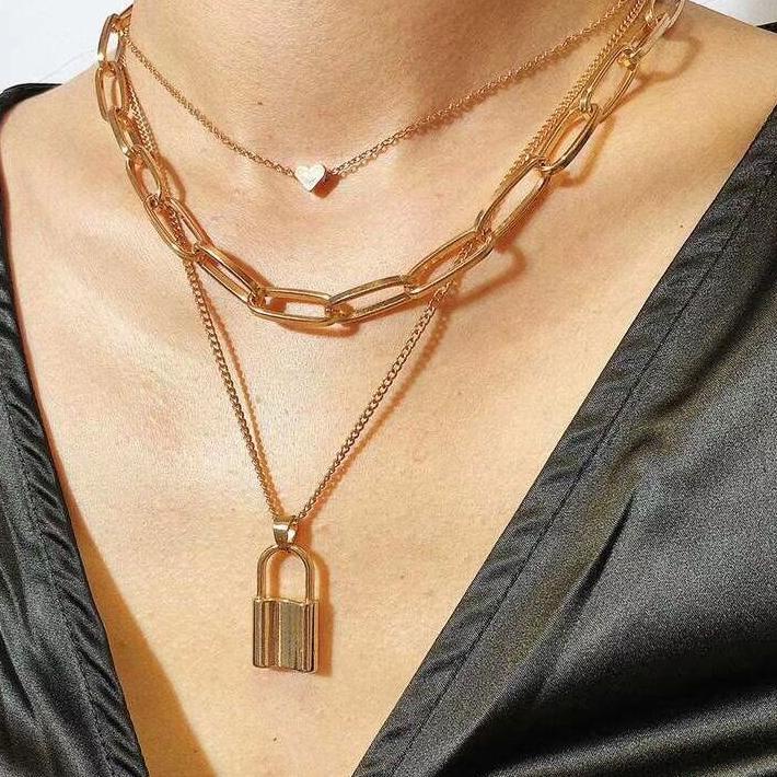 ✞PROMO✞ Kalung Rantai 3 Lapis Layer Liontin Gembok Fashion Korea produck vyralral