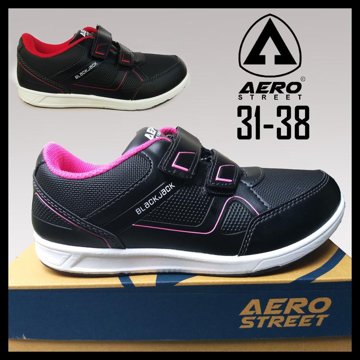 Sepatu Sekolah Anak Perempuan Hitam Pink Velcro Blackjack Aero Sd - Hitam, 35