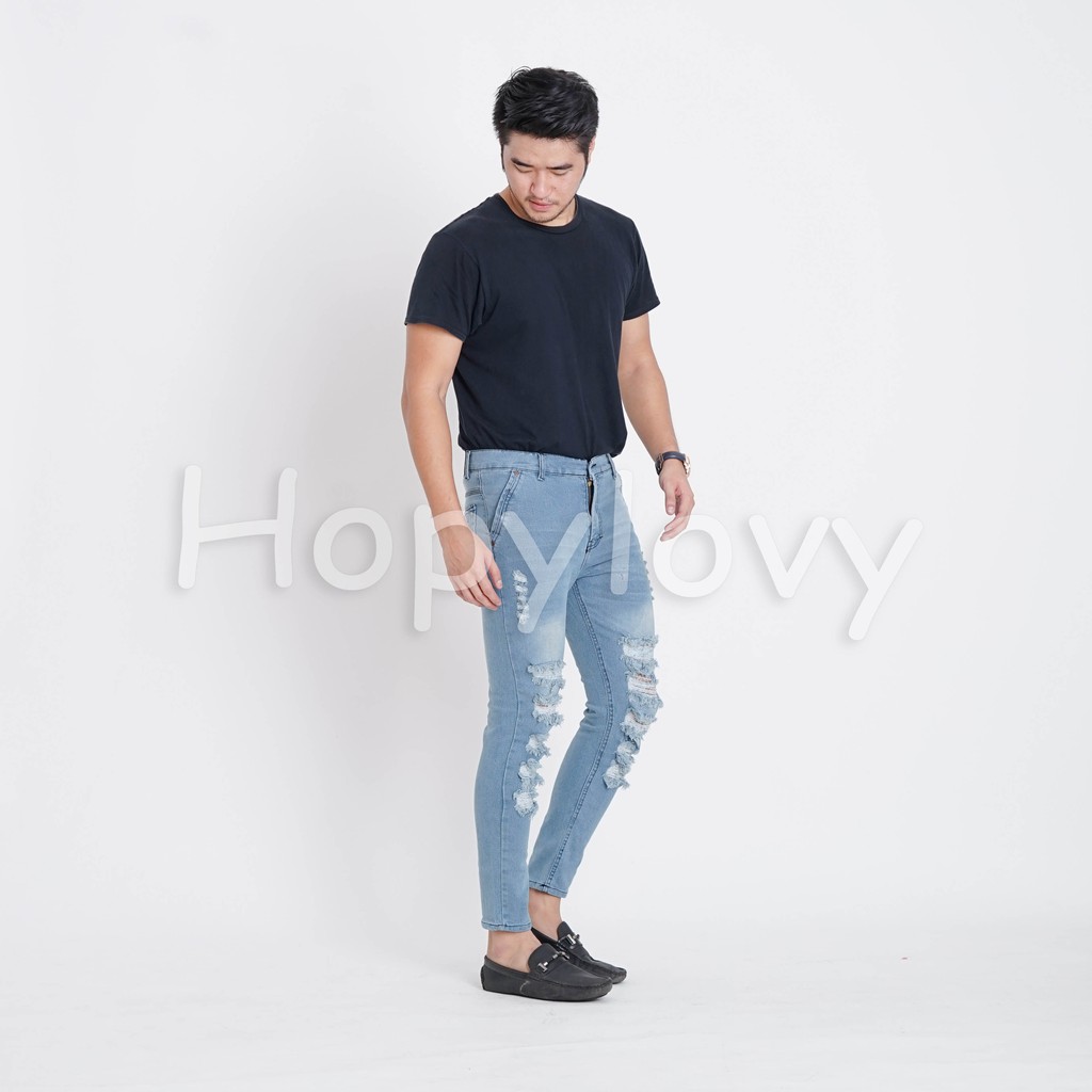 HOPYLOVY - Celana Jeans Panjang Pria Skinny Ripped Sobek Geijan